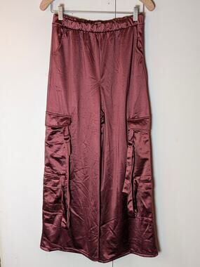 Persaya Satin Wide Leg Cargo Red Satin Pants Large